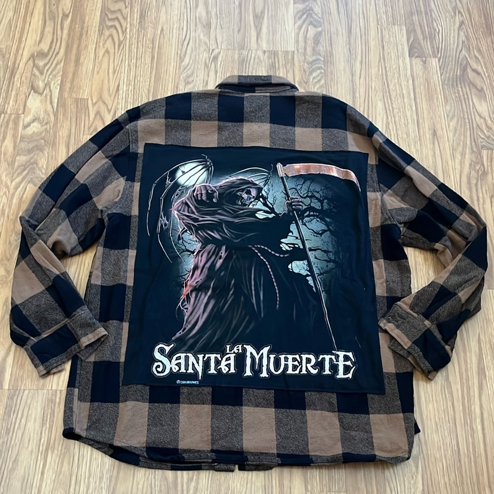 Halloween Santa La Muerte Flannel Shirt upcycled size 2XLarge unisex